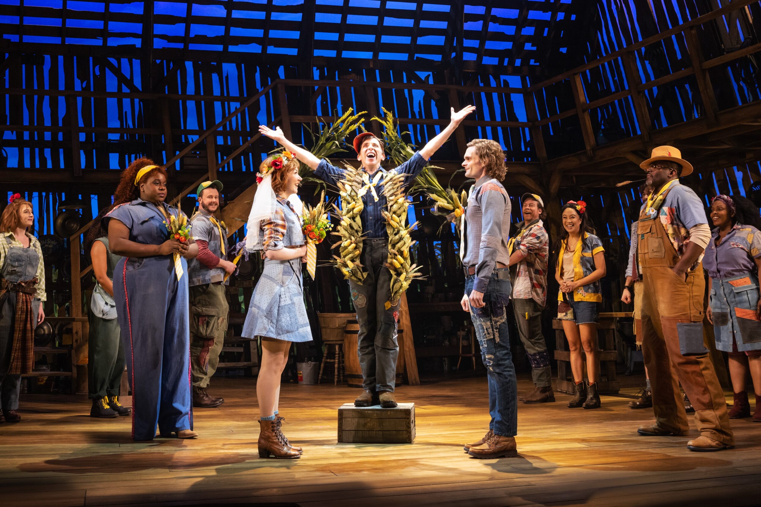 L to R Alex Newell, Caroline Innerbichler, Kevin Cahoon, and Andrew Durand in the Original Broadway production of SHUCKED. Photo by Matthew Murphy and Evan Zimmerman.