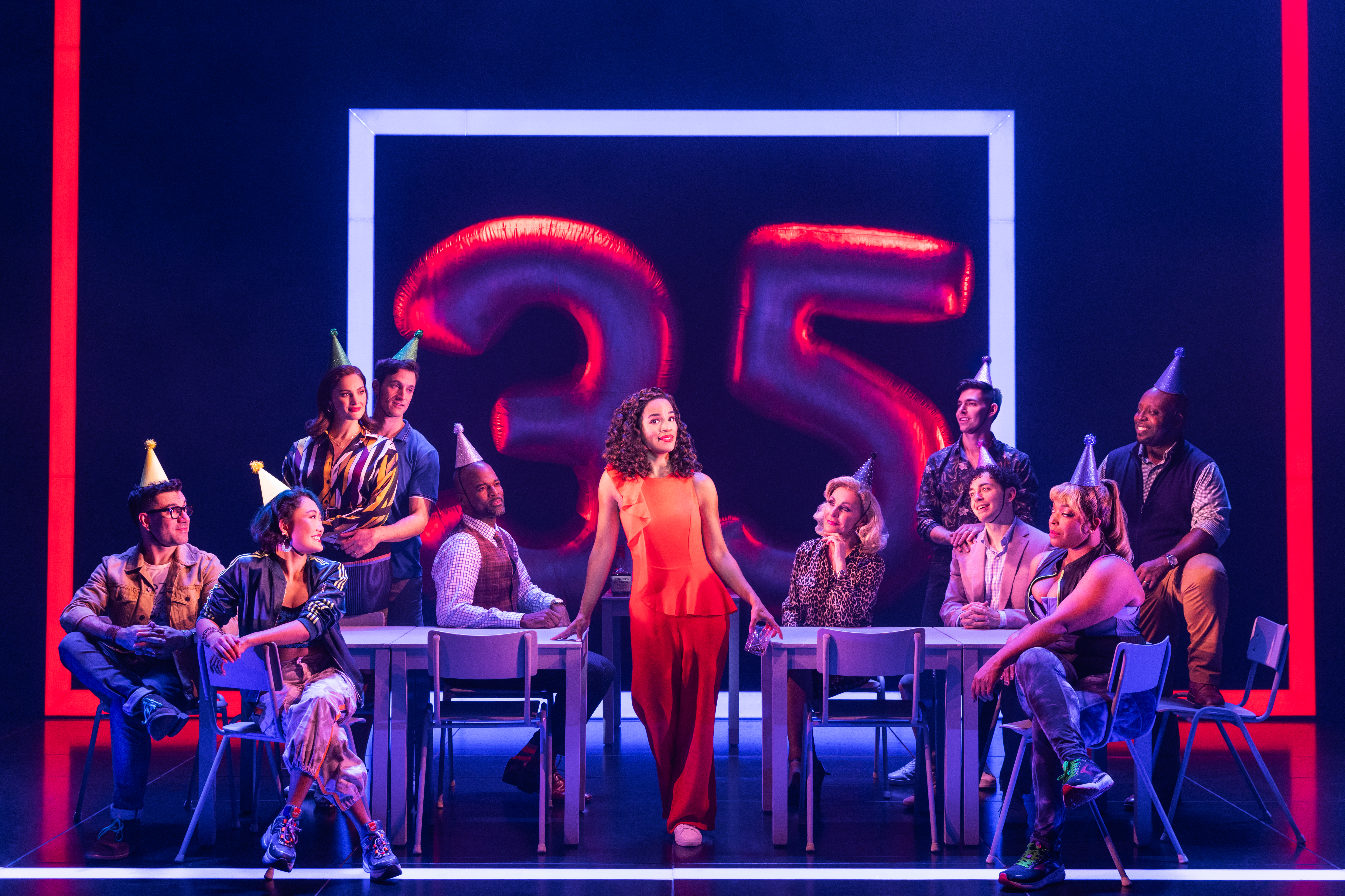 Britney Coleman as Bobbie (center) and the North American Tour of COMPANY. Photo by Matthew Murphy for MurphyMade.